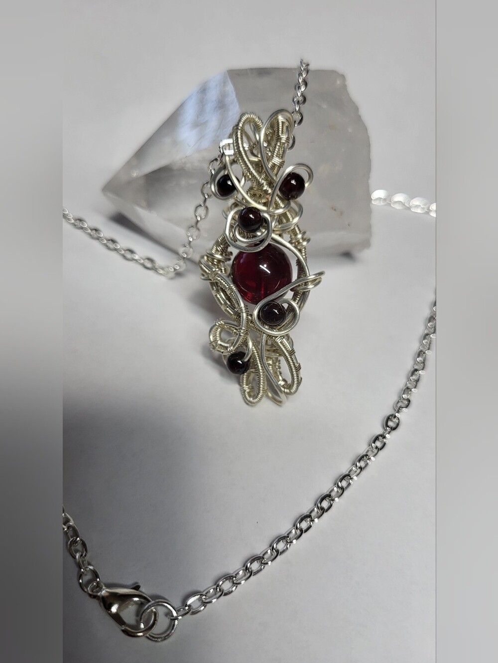 Handcrafted Red Garnet Wire-Wrapped Pendant Necklace | Silver-Plated Copper Wire